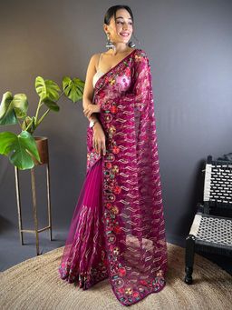 Akhilam - Womens Net Magenta Embroidered Designer Saree with Unstitched Blouse