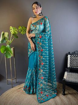 Akhilam - Womens Net Blue Embroidered Designer Saree with Unstitched Blouse