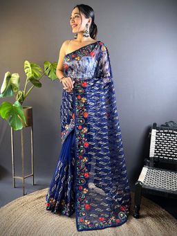 Akhilam - Womens Net Navy Blue Embroidered Designer Saree with Unstitched Blouse