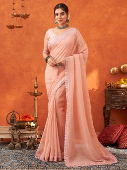 Akhilam - Womens Chiffon Peach Embroidered Designer Saree with Unstitched Blouse