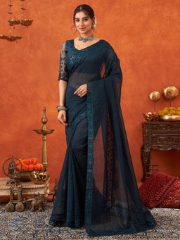 Akhilam - Womens Chiffon Teal Sequined Embroidered Saree with Unstitched Blouse