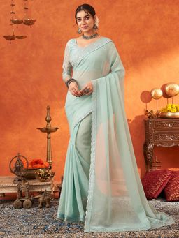 Akhilam - Womens Chiffon Light Green Sequined Embroidered Saree with Unstitched Blouse