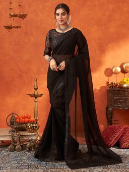Akhilam - Womens Chiffon Black Sequined Embroidered Saree with Unstitched Blouse