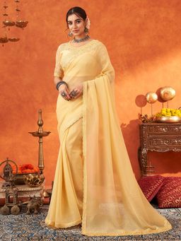 Akhilam - Womens Chiffon Yellow Sequined Embroidered Saree with Unstitched Blouse