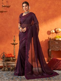 Akhilam - Womens Chiffon Dark Purple Sequined Embroidered Saree with Unstitched Blouse