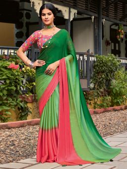 Sareemall - Womens Chiffon Bottle Green Ombre Embellished Saree with Unstitched Blouse