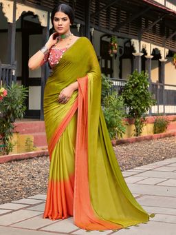 Sareemall - Womens Chiffon Olive Ombre Embellished Saree with Unstitched Blouse