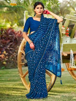 Sareemall - Womens Georgette Navy Blue Bandhani Printed Saree with Unstitched Blouse