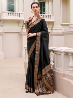 Akhilam - Womens Silk Blend Black Solid Woven Designer Saree with Unstitched Blouse