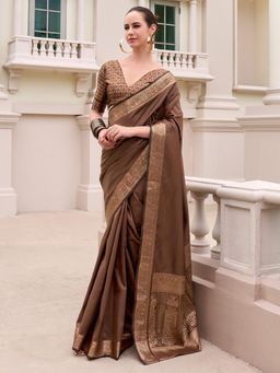 Akhilam - Womens Silk Blend Brown Solid Woven Designer Saree with Unstitched Blouse