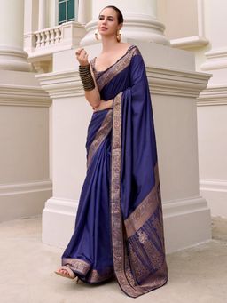 Akhilam - Womens Silk Blend Navy Blue Solid Woven Designer Saree with Unstitched Blouse