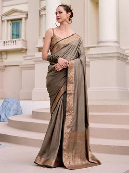 Akhilam - Womens Silk Blend Grey Solid Woven Designer Saree with Unstitched Blouse