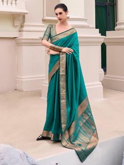 Akhilam - Womens Silk Blend Green Solid Woven Designer Saree with Unstitched Blouse