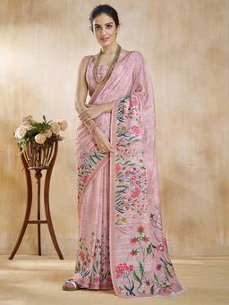 Akhilam - Womens Modal Light Pink Floral Printed Saree with Unstitched Blouse