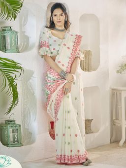 Akhilam - Womens Cotton Silk Off White Woven Design Saree with Unstitched Blouse