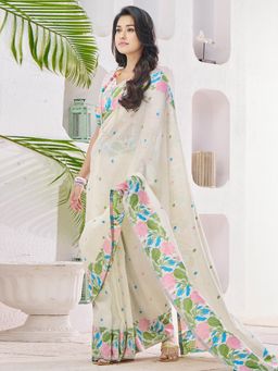 Akhilam - Womens Cotton Silk Cream Floral Woven Design Saree with Unstitched Blouse