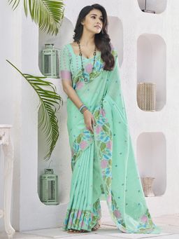 Akhilam - Womens Cotton Silk Turquoise Floral Woven Design Saree with Unstitched Blouse