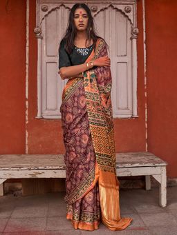 Sareemall - Womens Silk Blend Wine Printed Designer Saree with Unstitched Blouse