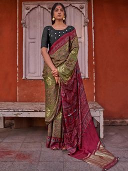 Sareemall - Womens Silk Blend Olive Printed Designer Saree with Unstitched Blouse