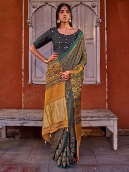 Sareemall - Womens Silk Blend Green Printed Designer Saree with Unstitched Blouse