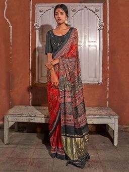 Sareemall - Womens Silk Blend Orange Printed Designer Saree with Unstitched Blouse