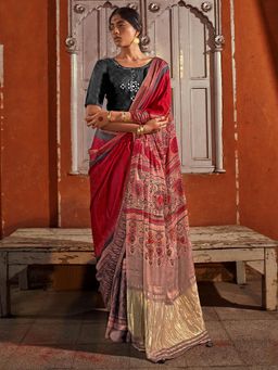 Sareemall - Womens Silk Blend Maroon Printed Designer Saree with Unstitched Blouse