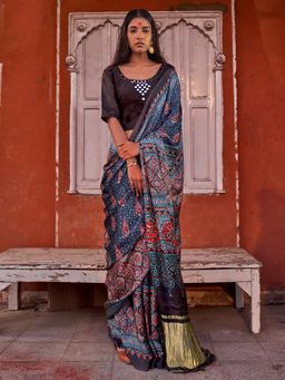 Sareemall - Womens Silk Blend Navy Blue Printed Designer Saree with Unstitched Blouse