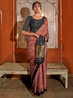 Sareemall - Womens Silk Blend Brown Printed Designer Saree with Unstitched Blouse