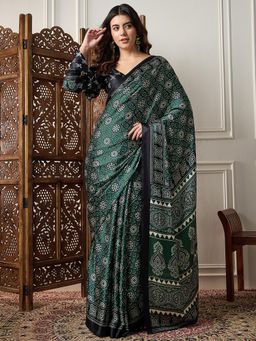 Akhilam - Womens Crepe Green Printed Designer Saree with Unstitched Blouse