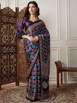 Akhilam - Womens Crepe Black Printed Designer Saree with Unstitched Blouse