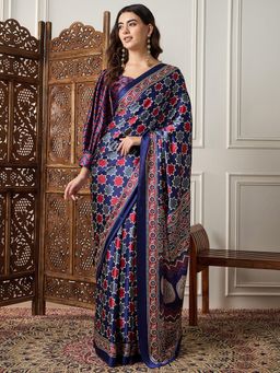 Akhilam - Womens Crepe Navy Blue Printed Designer Saree with Unstitched Blouse