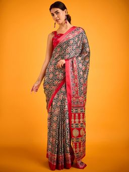 Akhilam - Womens Crepe Black Printed Designer Saree with Unstitched Blouse