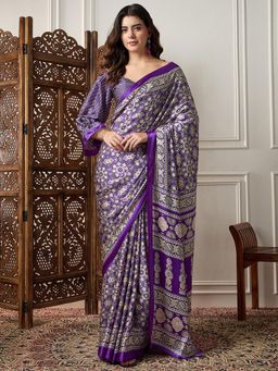 Akhilam - Womens Crepe Purple Printed Designer Saree with Unstitched Blouse