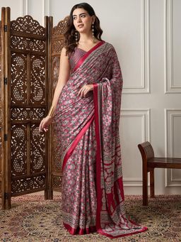 Akhilam - Womens Crepe Maroon Printed Designer Saree with Unstitched Blouse