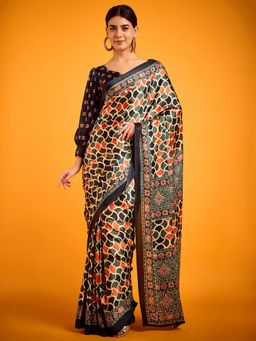 Akhilam - Womens Crepe Olive Printed Designer Saree with Unstitched Blouse