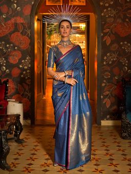 Akhilam - Womens Silk Blend Navy Blue Woven Design Saree with Unstitched Blouse
