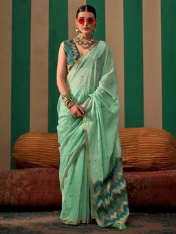 Sareemall - Womens Silk Blend Sea Green Woven Saree with Unstitched Blouse