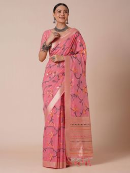 Akhilam - Womens Silk Blend Peach Woven Designer Saree with Unstitched Blouse