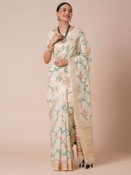 Akhilam - Womens Silk Blend Off White Woven Designer Saree with Unstitched Blouse