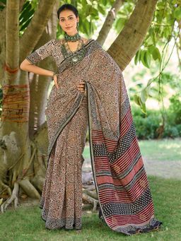 Akhilam - Womens Cotton Beige Printed Designer Saree with Unstitched Blouse