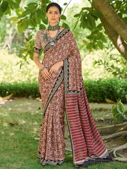 Akhilam - Womens Cotton Beige Printed Tassels Saree with Unstitched Blouse