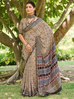 Akhilam - Womens Cotton Beige Floral Printed Designer Saree with Unstitched Blouse