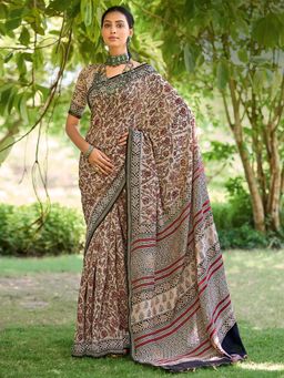 Akhilam - Womens Cotton Floral Beige Printed Saree with Unstitched Blouse