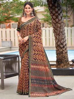 Akhilam - Womens Cotton Brown Printed Designer Saree with Unstitched Blouse