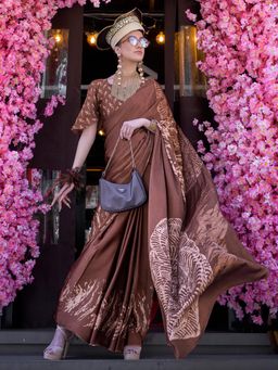 Akhilam - Womens Crepe Brown Printed Designer Saree with Unstitched Blouse