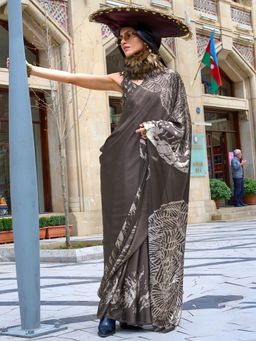Akhilam - Womens Crepe Charcoal Printed Designer Saree with Unstitched Blouse