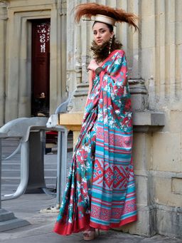 Akhilam - Womens Crepe Blue Printed Designer Saree with Unstitched Blouse