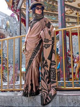 Akhilam - Womens Crepe Brown Floral Printed Designer Saree with Unstitched Blouse