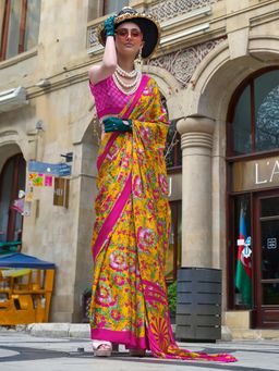 Akhilam - Womens Crepe Yellow Printed Designer Saree with Unstitched Blouse