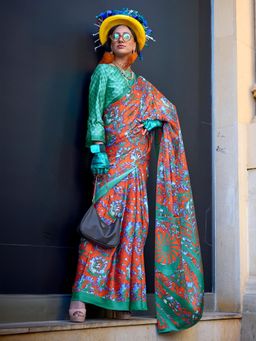 Akhilam - Womens Crepe Orange Printed Designer Saree with Unstitched Blouse